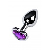 Серебристая коническая анальная пробка с фиолетовым кристаллом-сердечком - 7 см. - ToyFa - купить с доставкой в Самаре