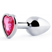 Серебристая анальная пробка с малиновым кристаллом-сердечком - 7 см. - Anal Jewelry Plug - купить с доставкой в Самаре