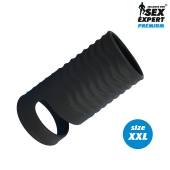 Черная открытая насадка на пенис с кольцом для мошонки XXL-size - 9,4 см. - Sex Expert - в Самаре купить с доставкой