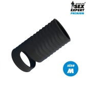 Черная открытая насадка на пенис с кольцом для мошонки size M - 7,9 см. - Sex Expert - в Самаре купить с доставкой