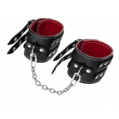 Черные кожаные оковы с двумя ремнями и красной подкладкой - Pecado - купить с доставкой в Самаре
