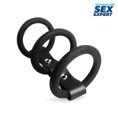 Черное тройное эрекционное кольцо с ремешком - Sex Expert - в Самаре купить с доставкой