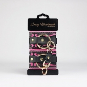 Черные кожаные наручники с розовой строчкой - Crazy Handmade - купить с доставкой в Самаре