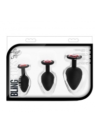 Набор черных анальных пробок с красным кристаллом-сердечком Bling Plugs Training Kit - Blush Novelties - купить с доставкой в Самаре