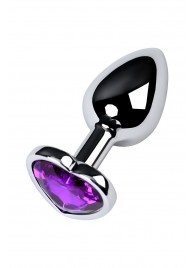 Серебристая коническая анальная пробка с фиолетовым кристаллом-сердечком - 7 см. - ToyFa - купить с доставкой в Самаре