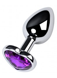Серебристая коническая анальная пробка с фиолетовым кристаллом-сердечком - 7 см. - ToyFa - купить с доставкой в Самаре