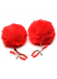 Красные зажимы на соски с помпонами Pom Pom - XR Brands - купить с доставкой в Самаре