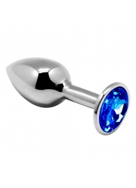 Серебристая анальная втулка с синим кристаллом Mini Metal Butt Plug Size M - 8 см. - Adrien Lastic