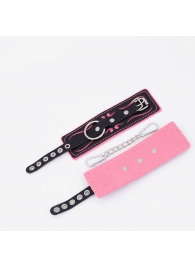 Черно-розовые кожаные наручники с розовой строчкой - Crazy Handmade - купить с доставкой в Самаре