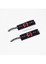 Черные кожаные наручники с красным декором и строчкой - Crazy Handmade - купить с доставкой в Самаре
