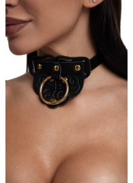 Черный фигурный кожаный ошейник с золотистой фурнитурой - Crazy Handmade - купить с доставкой в Самаре