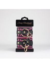 Черные кожаные наручники с розовой строчкой - Crazy Handmade - купить с доставкой в Самаре