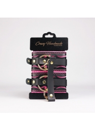 Черные кожаные оковы с розовой строчкой - Crazy Handmade - купить с доставкой в Самаре