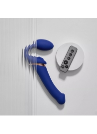 Синий безремневой страпон Multi Orgasm Bendable Strap-On size L с клиторальной стимуляцией - Strap-on-me - купить с доставкой в Самаре