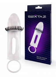 Закрытая насадка на пенис с подхватом мошонки и стимулирующими «ресничками» - Sextaz - в Самаре купить с доставкой