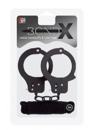 Чёрные наручники из листового металла в комплекте с веревкой BONDX METAL CUFFS LOVE ROPE SET - Dream Toys - купить с доставкой в Самаре