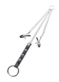 Серебристо-чёрные зажимы для сосков с кольцом для пениса TOYFA Metal - ToyFa - купить с доставкой в Самаре