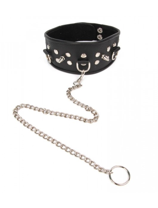 Черный ошейник с шипами и металлическим поводком-цепочкой - Notabu - купить с доставкой в Самаре