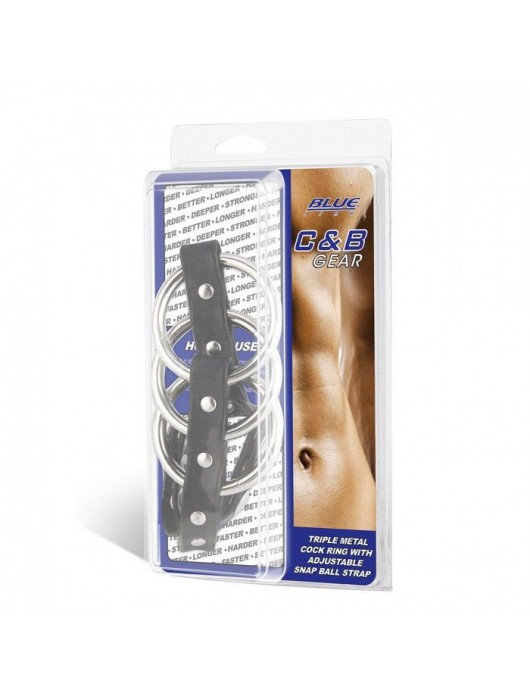 Тройное металлическое кольцо на пенис с регулируемым ремешком - BlueLine - купить с доставкой в Самаре