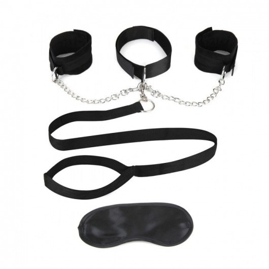 Чёрный ошейник с наручниками и поводком Collar Cuffs   Leash Set - Lux Fetish - купить с доставкой в Самаре