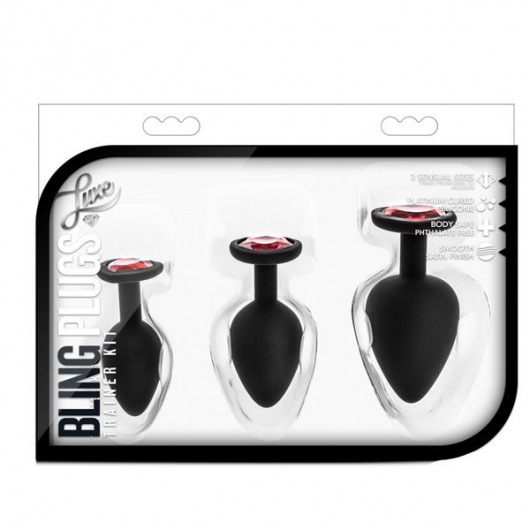 Набор черных анальных пробок с красным кристаллом-сердечком Bling Plugs Training Kit - Blush Novelties - купить с доставкой в Самаре