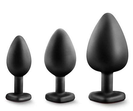 Набор черных анальных пробок с красным кристаллом-сердечком Bling Plugs Training Kit - Blush Novelties - купить с доставкой в Самаре