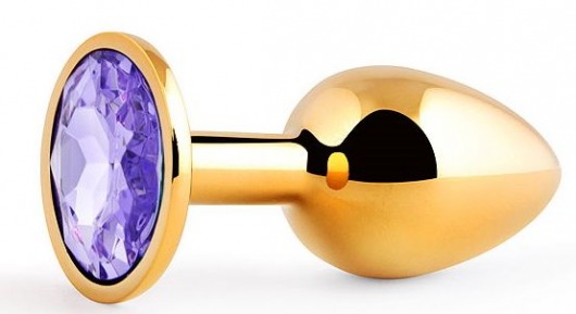 Золотистая анальная пробка с фиолетовым стразом - 7,2 см. - Anal Jewelry Plug - купить с доставкой в Самаре