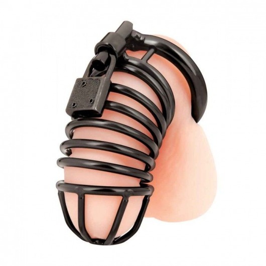 Черная металлическая клетка с замком Deluxe Chastity Cage - BlueLine - купить с доставкой в Самаре