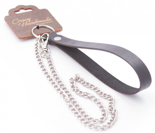 Серебристый металлический поводок с кожаной черной ручкой - 80 см. - Crazy Handmade - купить с доставкой в Самаре