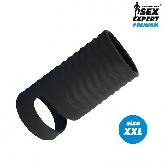 Черная открытая насадка на пенис с кольцом для мошонки XXL-size - 9,4 см. - Sex Expert - в Самаре купить с доставкой