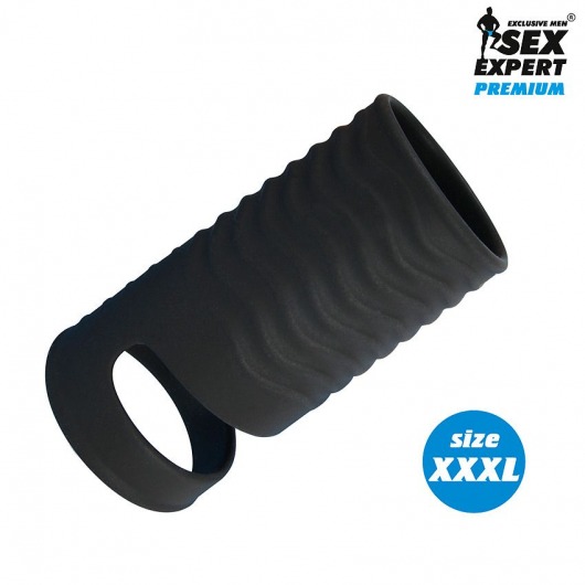 Черная открытая насадка на пенис с кольцом для мошонки XXXL-size - 9,9 см. - Sex Expert - в Самаре купить с доставкой