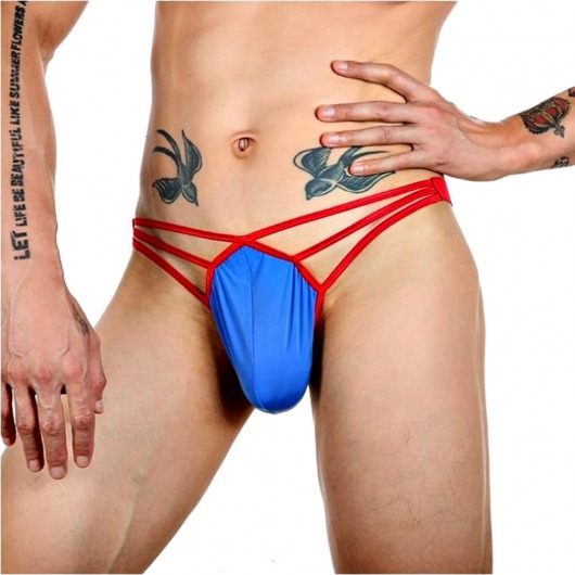 Синие сексуальные трусы-стринги на тонких красных бретелях - Romeo Rossi купить с доставкой