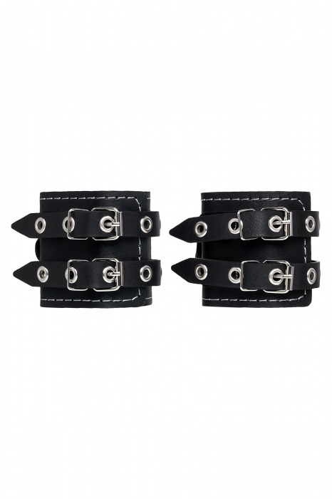 Черные кожаные наручники с двумя ремнями и красной подкладкой - Pecado - купить с доставкой в Самаре