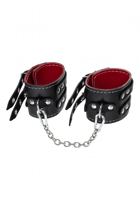 Черные кожаные оковы с двумя ремнями и красной подкладкой - Pecado - купить с доставкой в Самаре