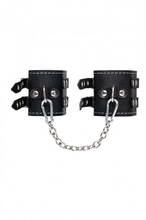 Черные кожаные оковы с двумя ремнями и красной подкладкой - Pecado - купить с доставкой в Самаре