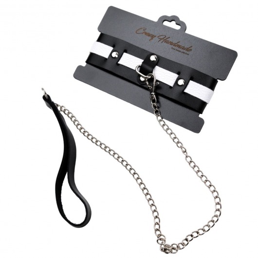 Черно-белый кожаный ошейник с поводком-цепочкой - Crazy Handmade - купить с доставкой в Самаре