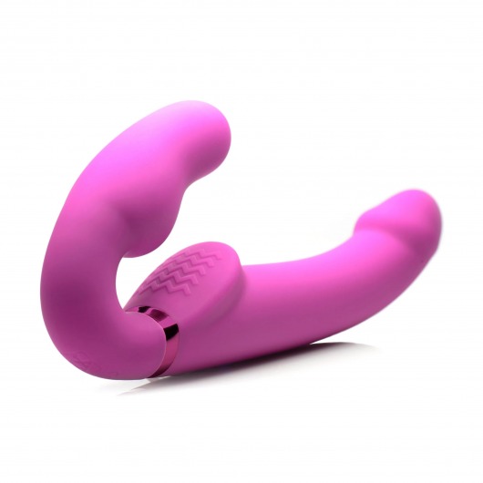 Розовый безремневой страпон с вибрацией и функцией расширения Inflatable Ergo-Fit Strapless Strap-On - XR Brands - купить с доставкой в Самаре