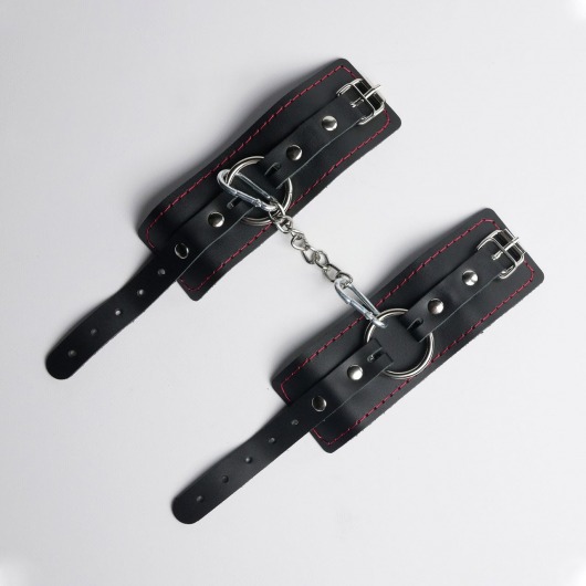Черные кожаные наручники с красной строчкой - Crazy Handmade - купить с доставкой в Самаре