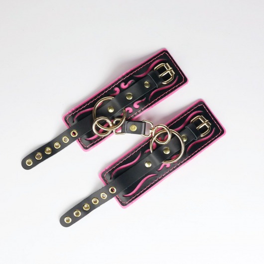 Черные кожаные наручники с розовой строчкой - Crazy Handmade - купить с доставкой в Самаре