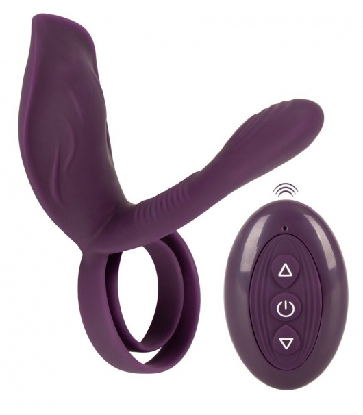 Фиолетовая насадка на член с клиторальным отростком и пультом ДУ RC Couple’s Vibrator 2 - Orion - в Самаре купить с доставкой